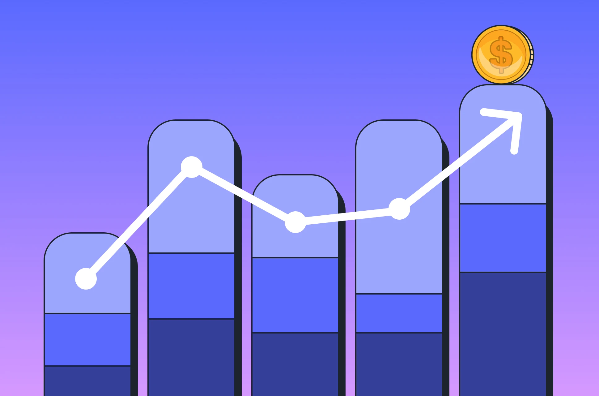 Purple design showing stock market gains trending upwards with bar graph and white line graph