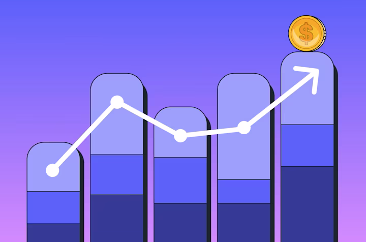 Purple design showing stock market gains trending upwards with bar graph and white line graph