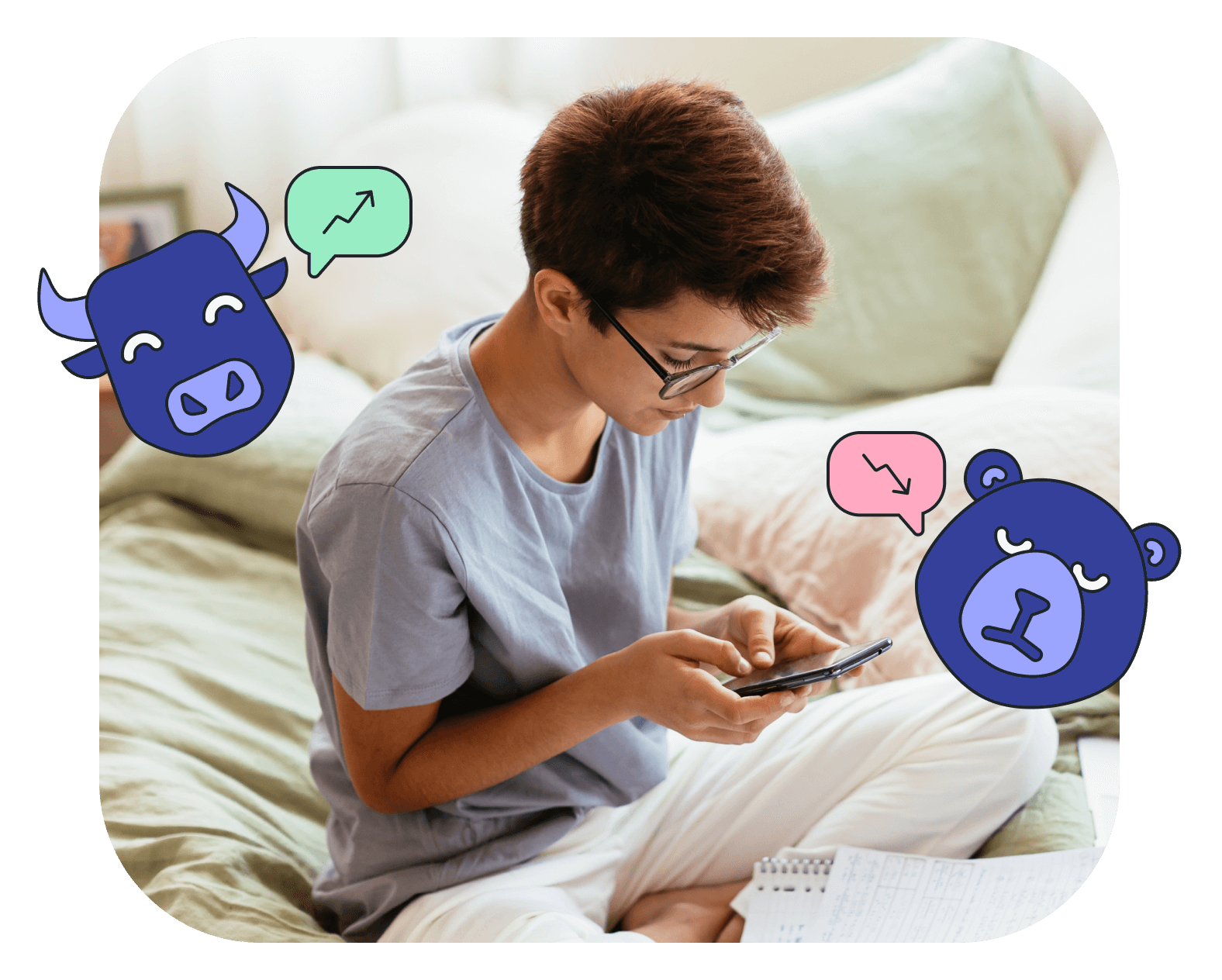 teen boy on his smartphone with bull bear icons around him