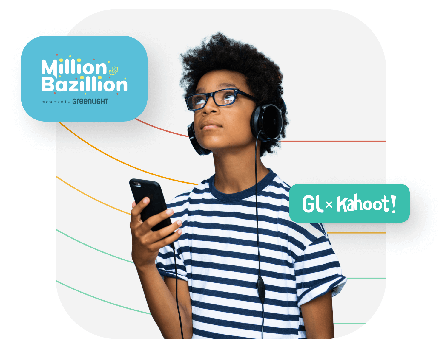 young boy with headphones on learning from Million Bazillion and Kahoot
