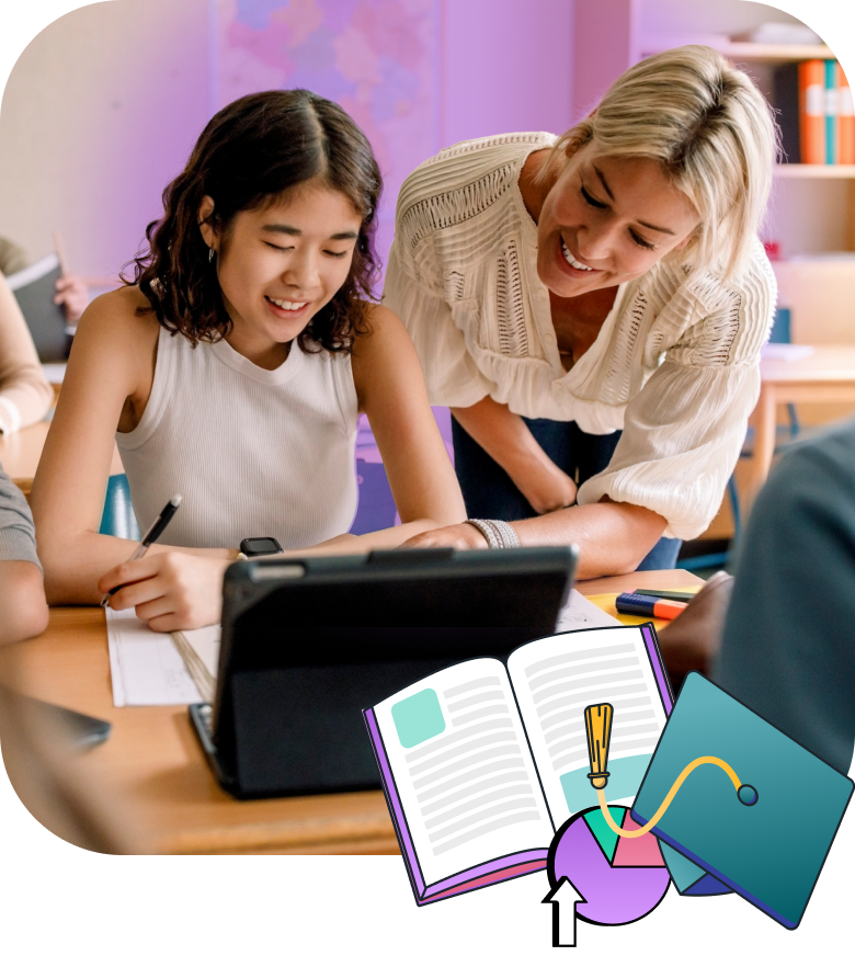 Stylized image of teacher working with student