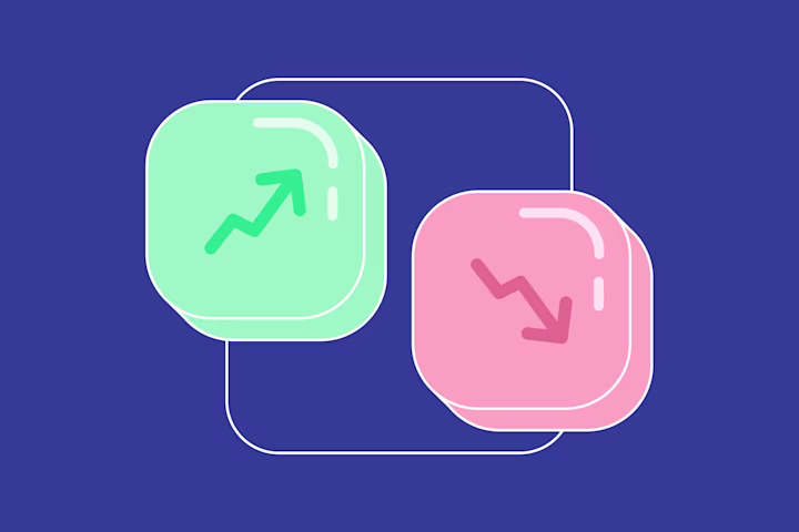 Two icons with arrows pointing up and down represent market volatility in the stock market