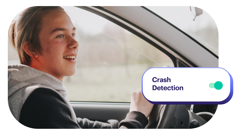 Teen driving car and uses Greenlight's car crash detection feature