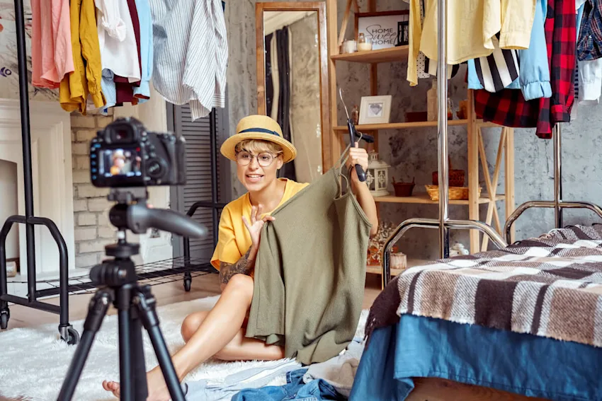 A teenage influencer records a video about fashion