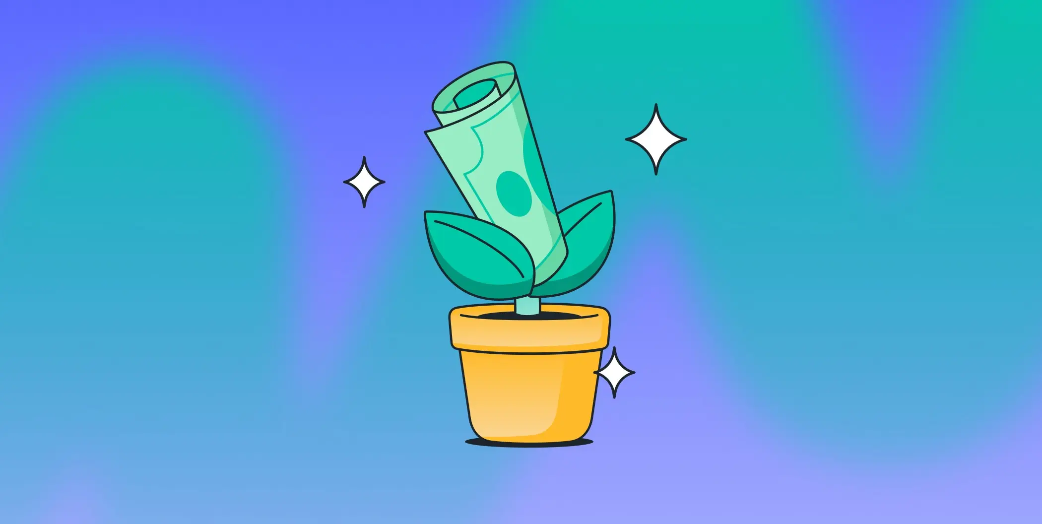 Animated money being planted in a small potter and growing against purple and green background