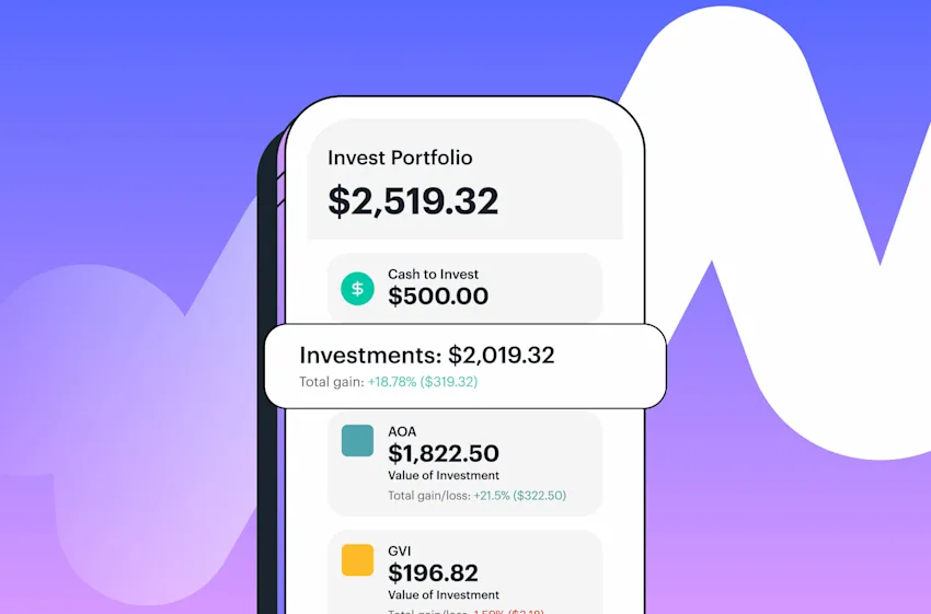 Mobile phone with purple background showing Greenlight invest portfolio on-screen with balances