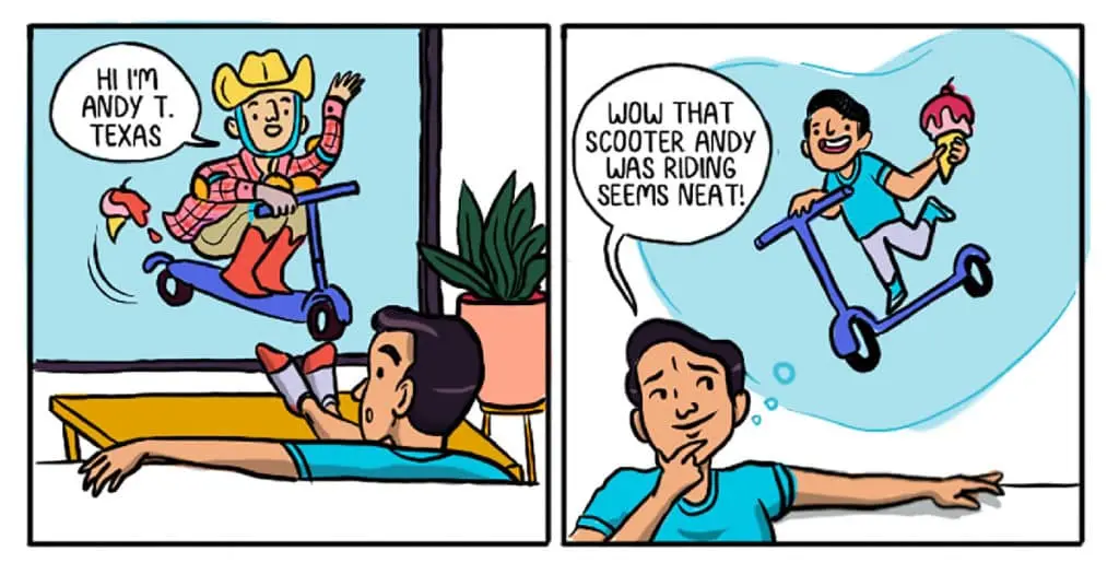 two panel comic of kid riding a scooter