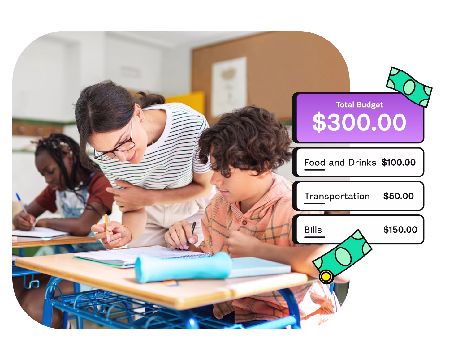 Teacher helping student write a budget