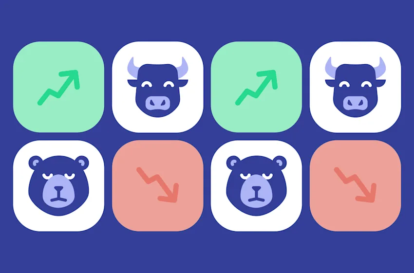 Bulls and bears with green and red arrows represents the stock market's ups and downs during inflation