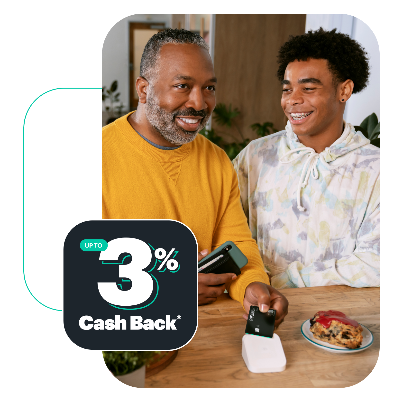 teenage son and his father using the Greenlight Family Cash Card 