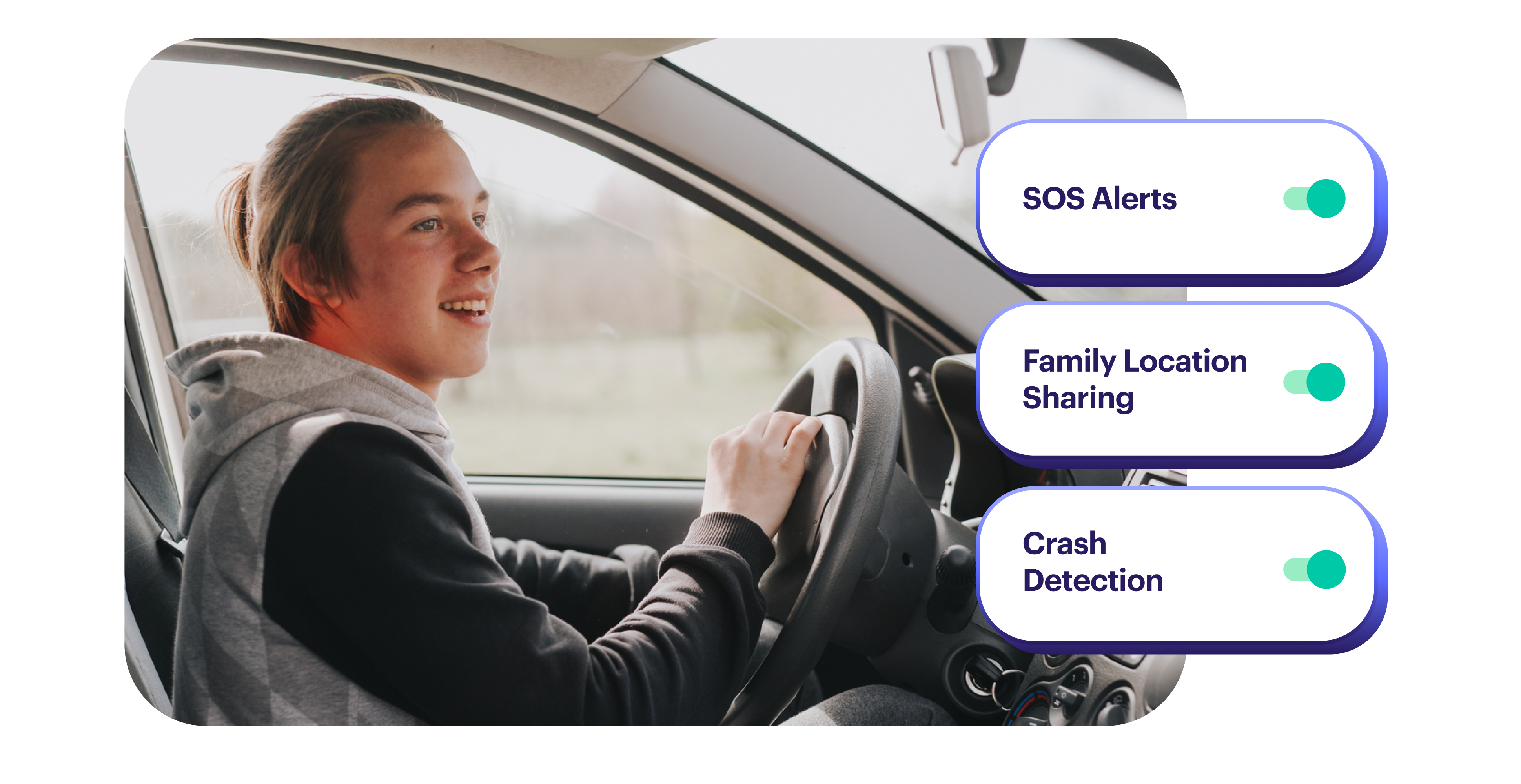 Teen boy driving in car with safety features on - SOS alerts, location sharing, crash detection