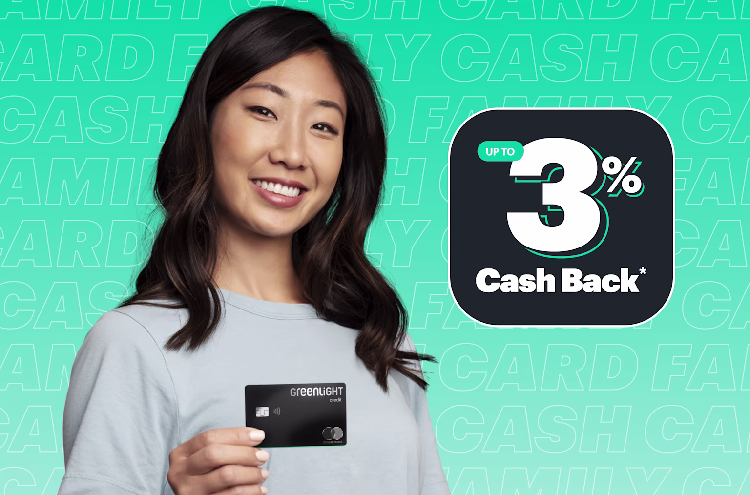 A mother holds the Family Cash Card, a parent credit card with up to 3% cash back on every purchase