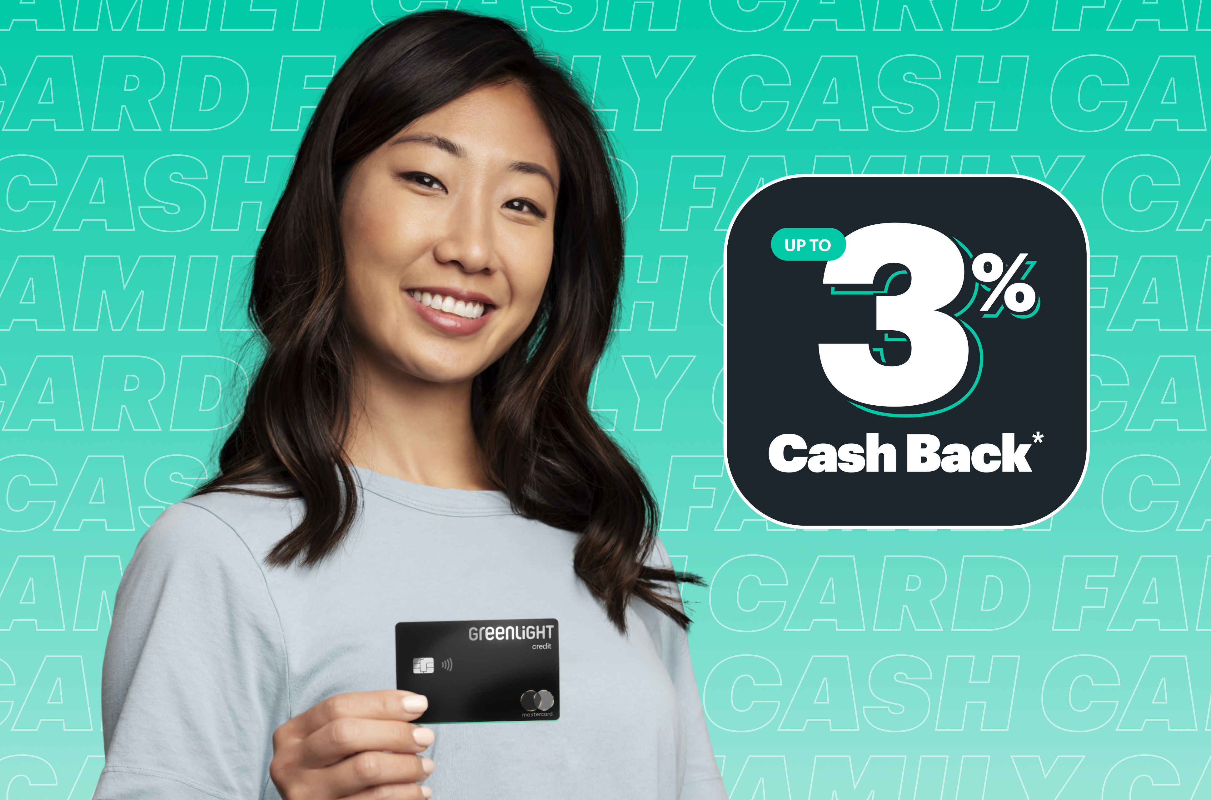 A mother holds the Family Cash Card, a parent credit card with up to 3% cash back on every purchase