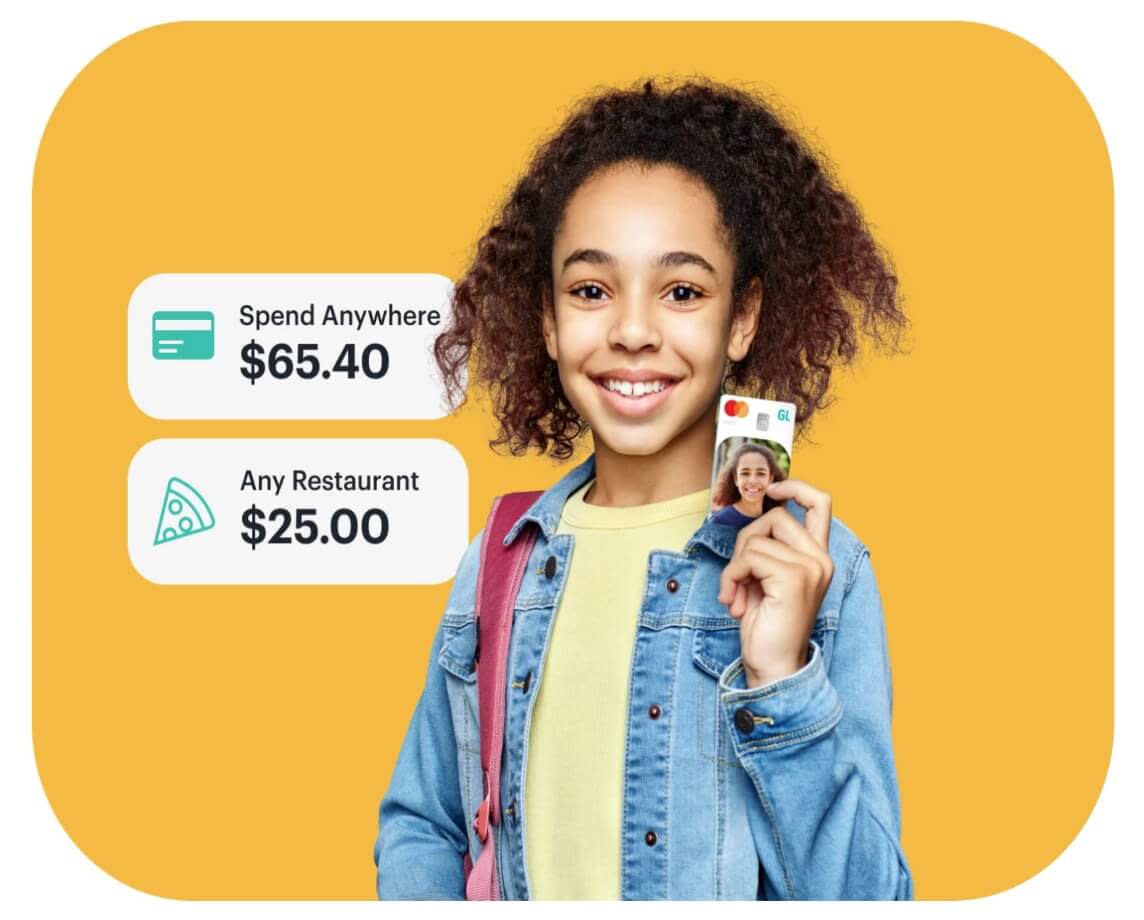 girl holding her greenlight custom debit card with spend anywhere notifications around her