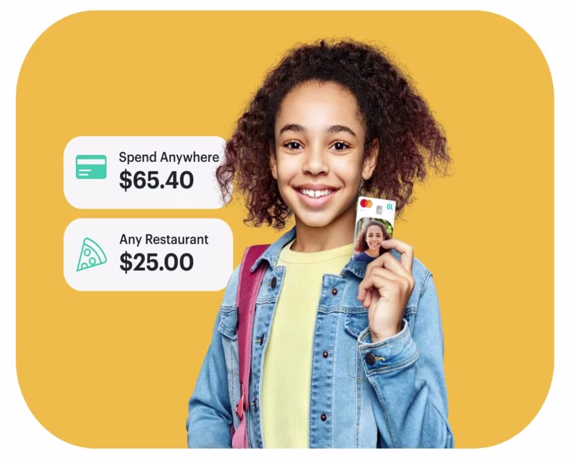 girl holding her greenlight custom debit card with spend anywhere notifications around her