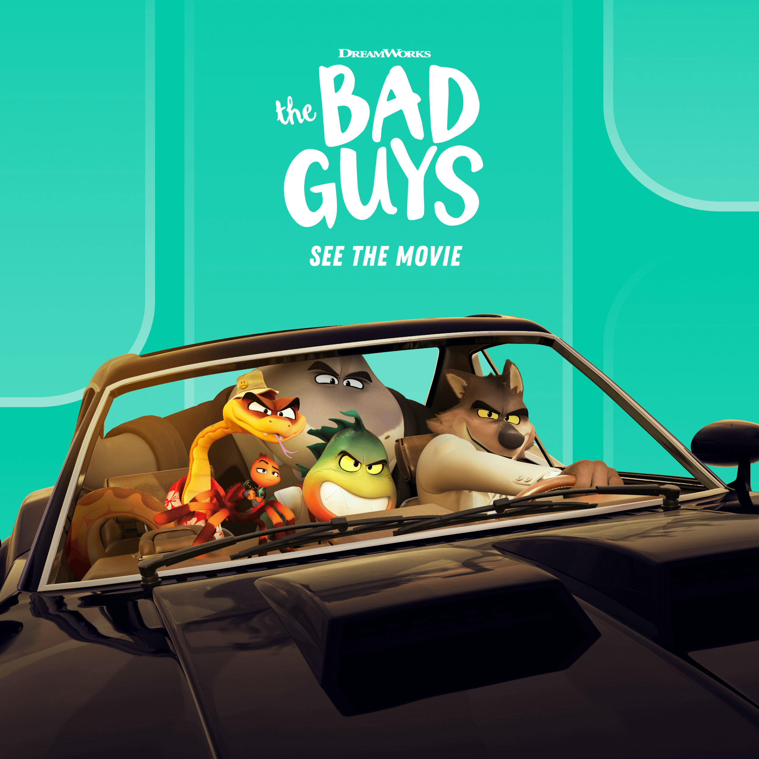 Bad Guys movie characters speeding in a car