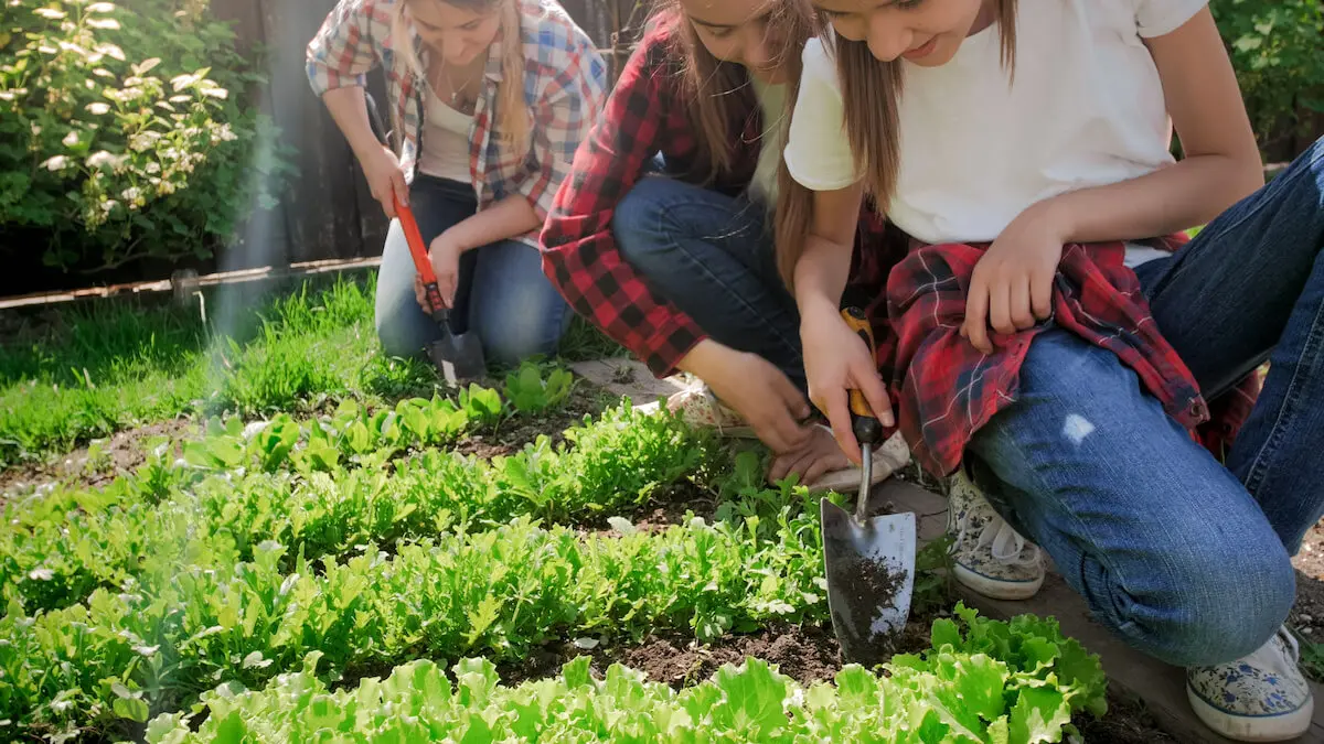 Spring activities for kids: girls weeding their garden