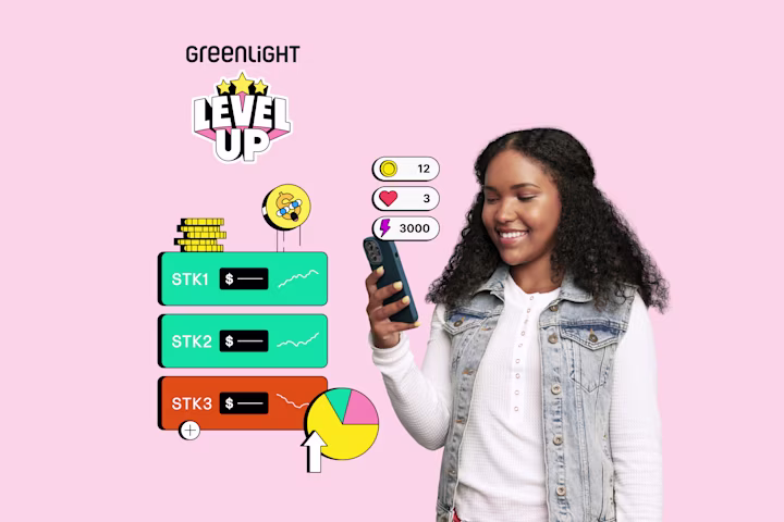 Teen girl playing Greenlight's Level Up Financial Literacy game with rewards, points, and challenges