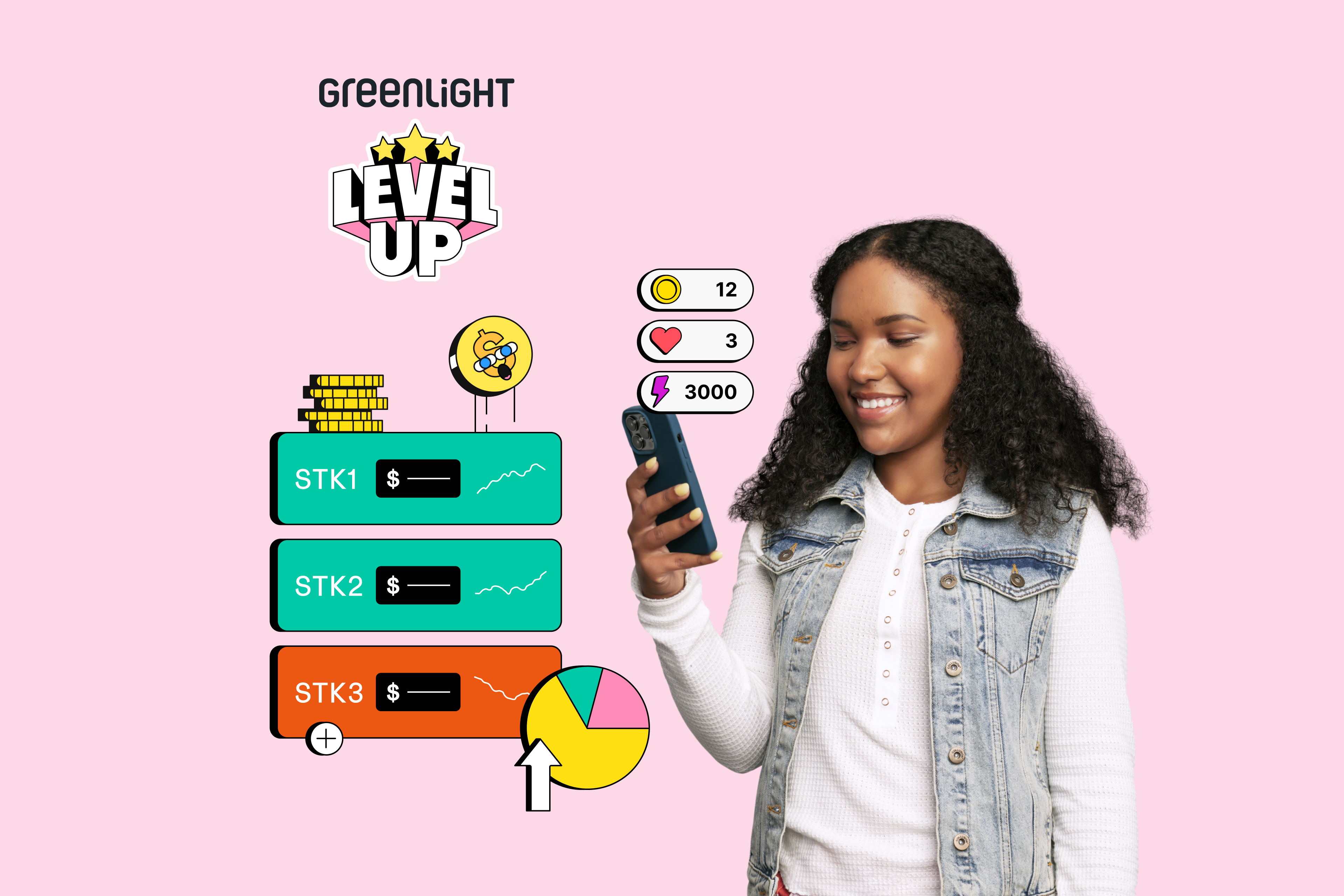 Teen girl playing Greenlight's Level Up Financial Literacy game with rewards, points, and challenges