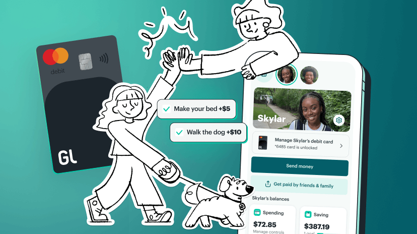 Greenlight + Life360 Gold: Cartoon family high-fiving with the Greenlight debit card and app in background