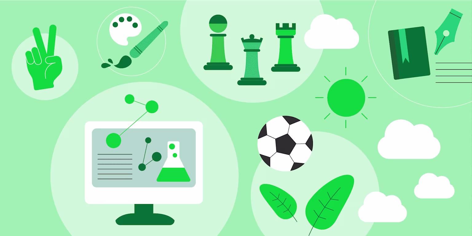 graphic showing numerous hobbies like sports and computers