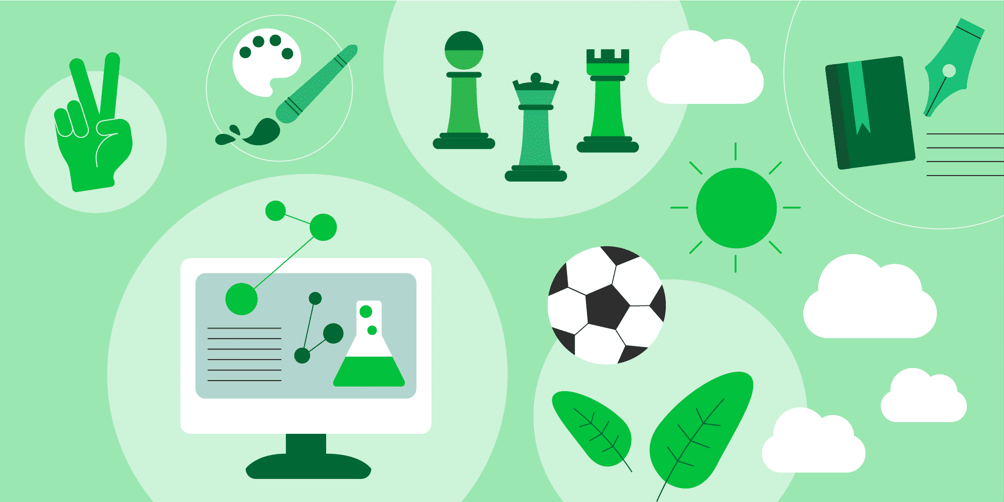 graphic showing numerous hobbies like sports and computers
