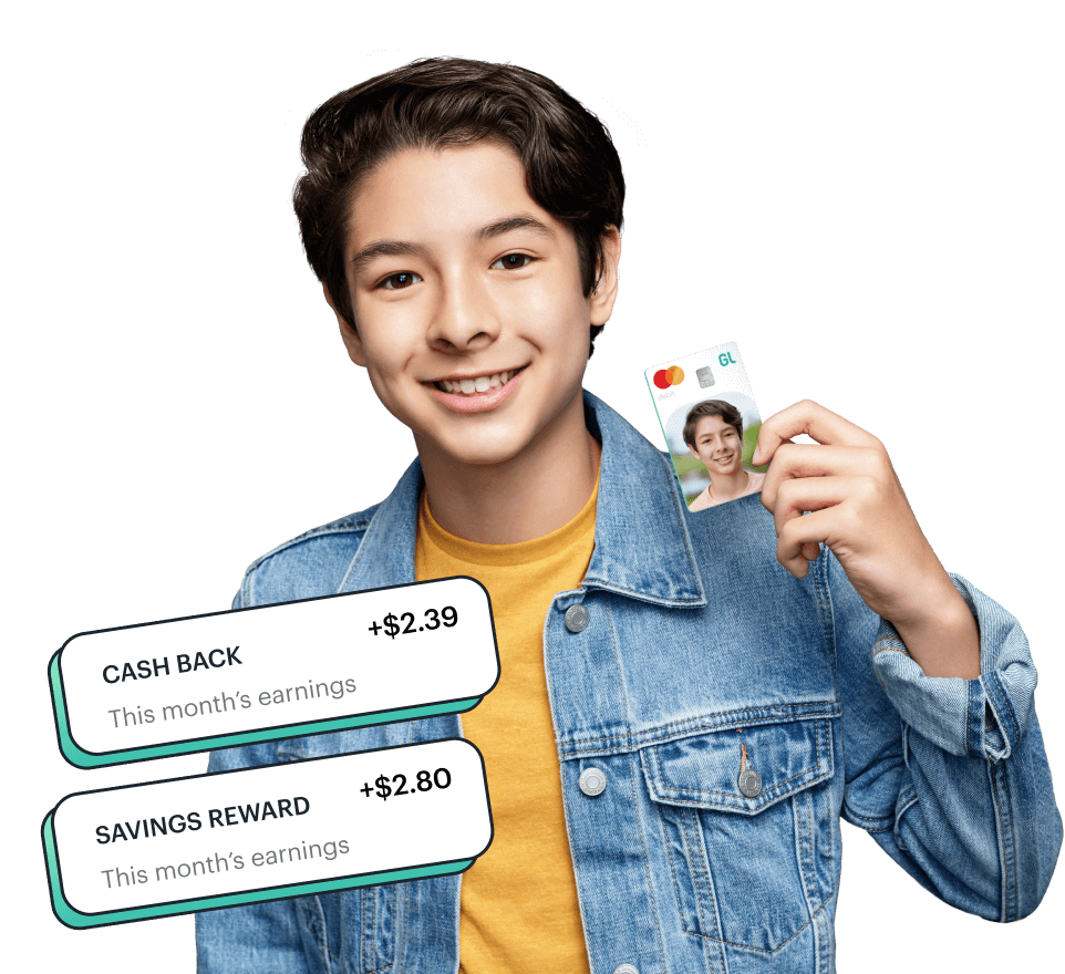 teen boy holding greenlight custom card with savings notification graphics around him