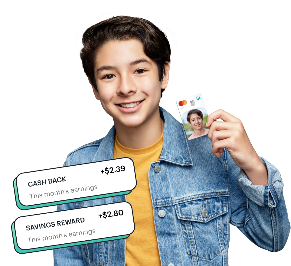 teen boy holding greenlight custom card with savings notification graphics around him