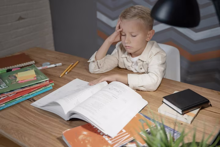 Young boy doing his homework at a desk.