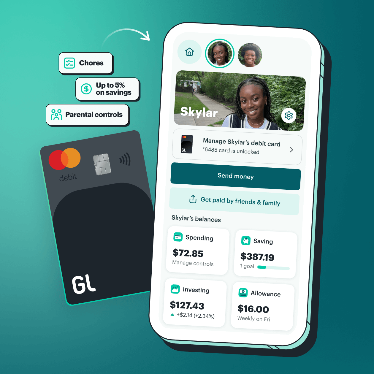 Greenlight mobile card and app with features called out