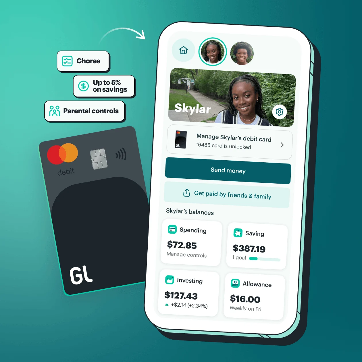 Greenlight mobile card and app with features called out