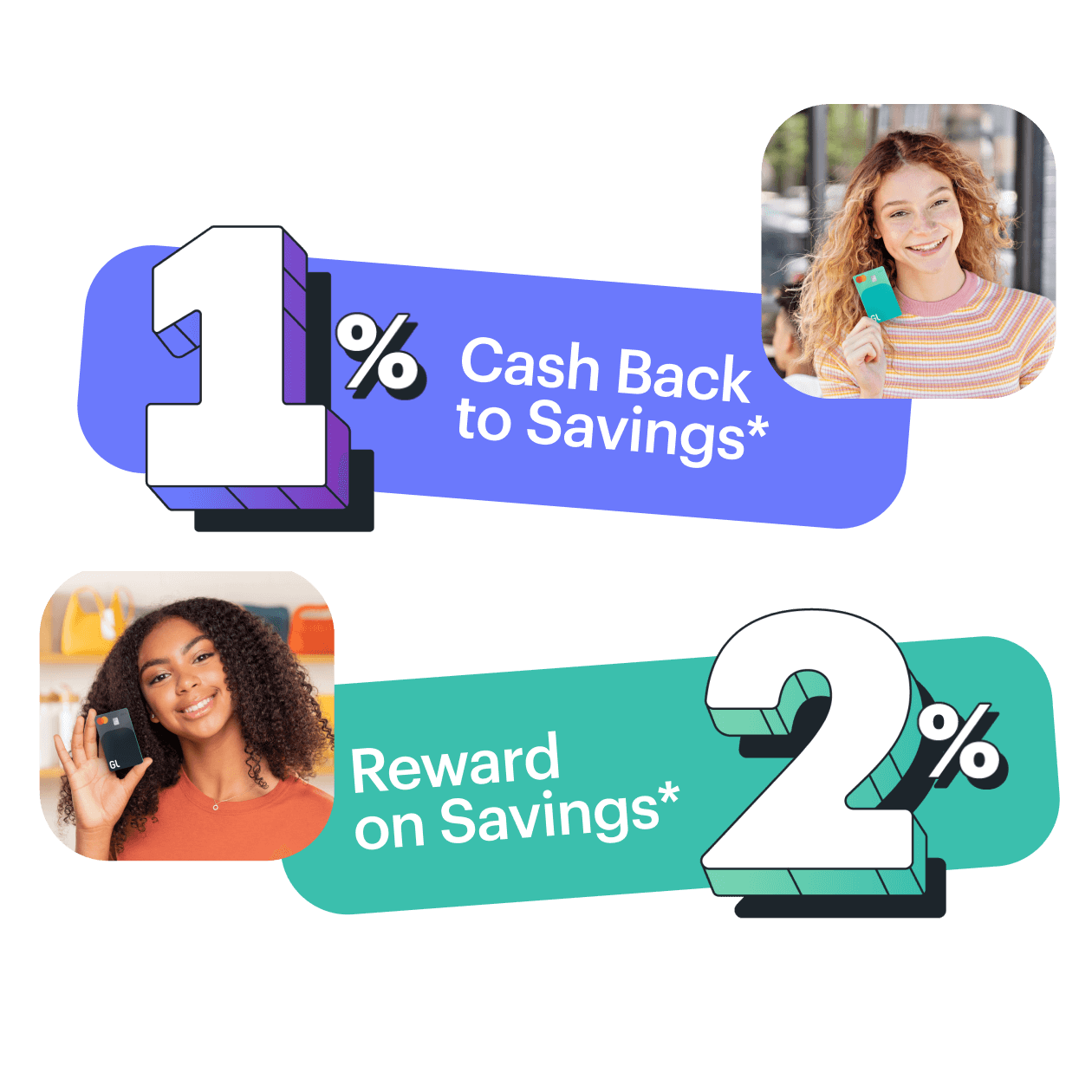 cash back and savings percentages for Greenlight kids, with two girls holding their Greenlight kids debit card
