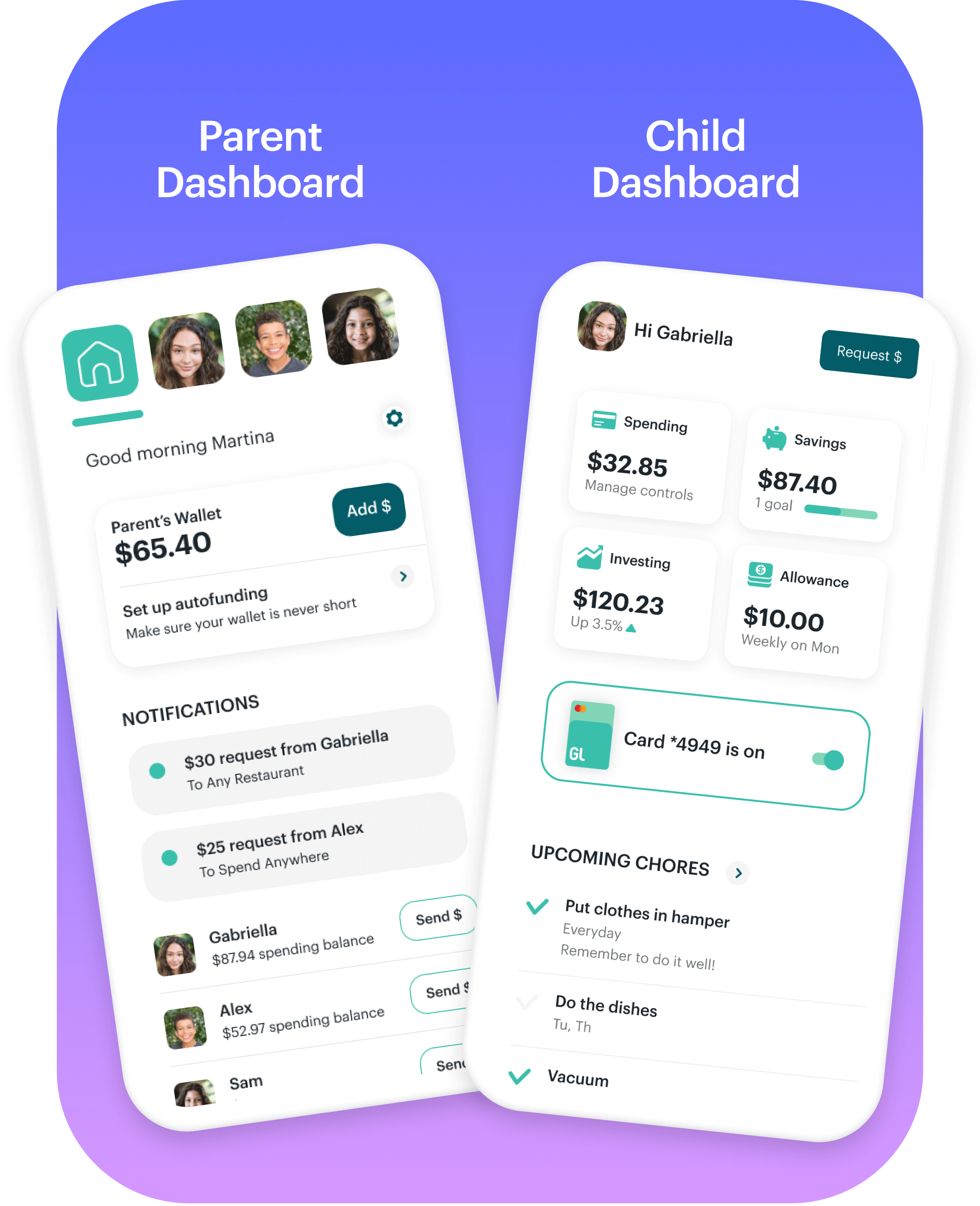dashboard overview of Greenlight’s debit card app for kids