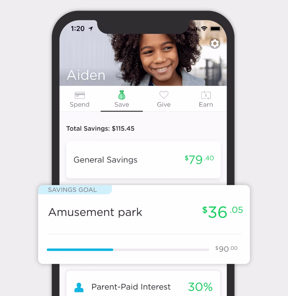 screenshot of Aidan's save dashboard in the Greenlight app