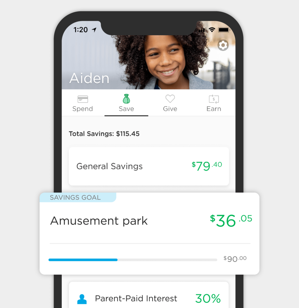 screenshot of Aidan's save dashboard in the Greenlight app