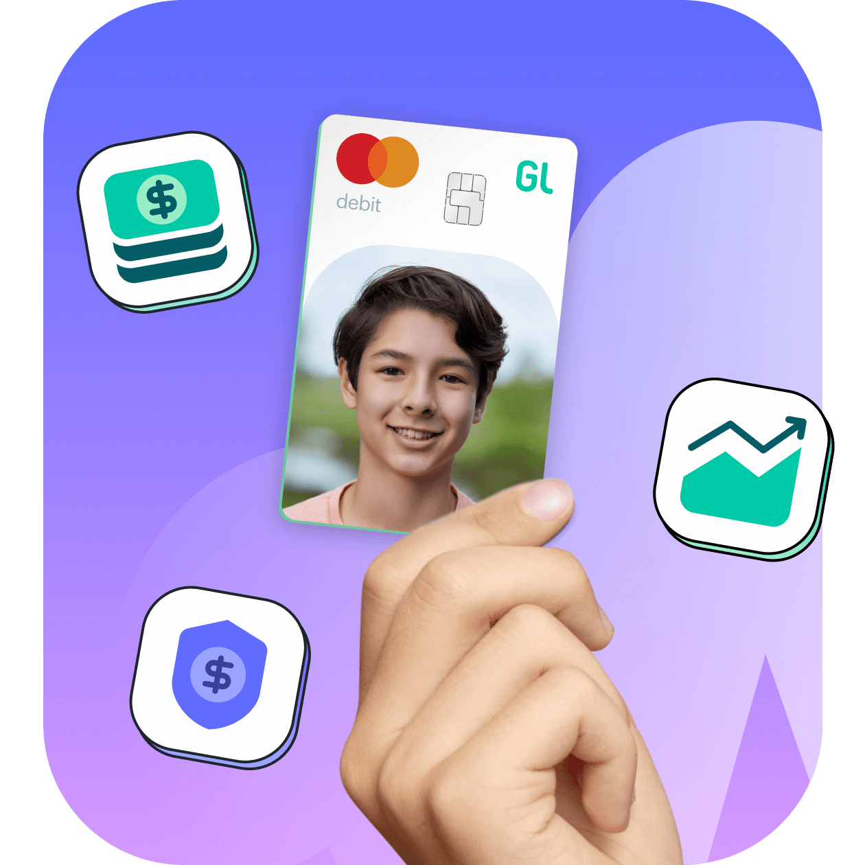 greenlight custom debit card with money and investing icons