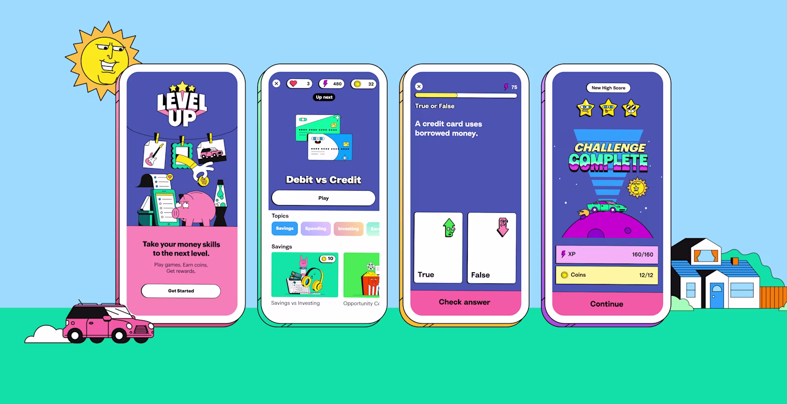 Level Up financial literacy game for kids & teens on four mobile phone screens in the Greenlight app