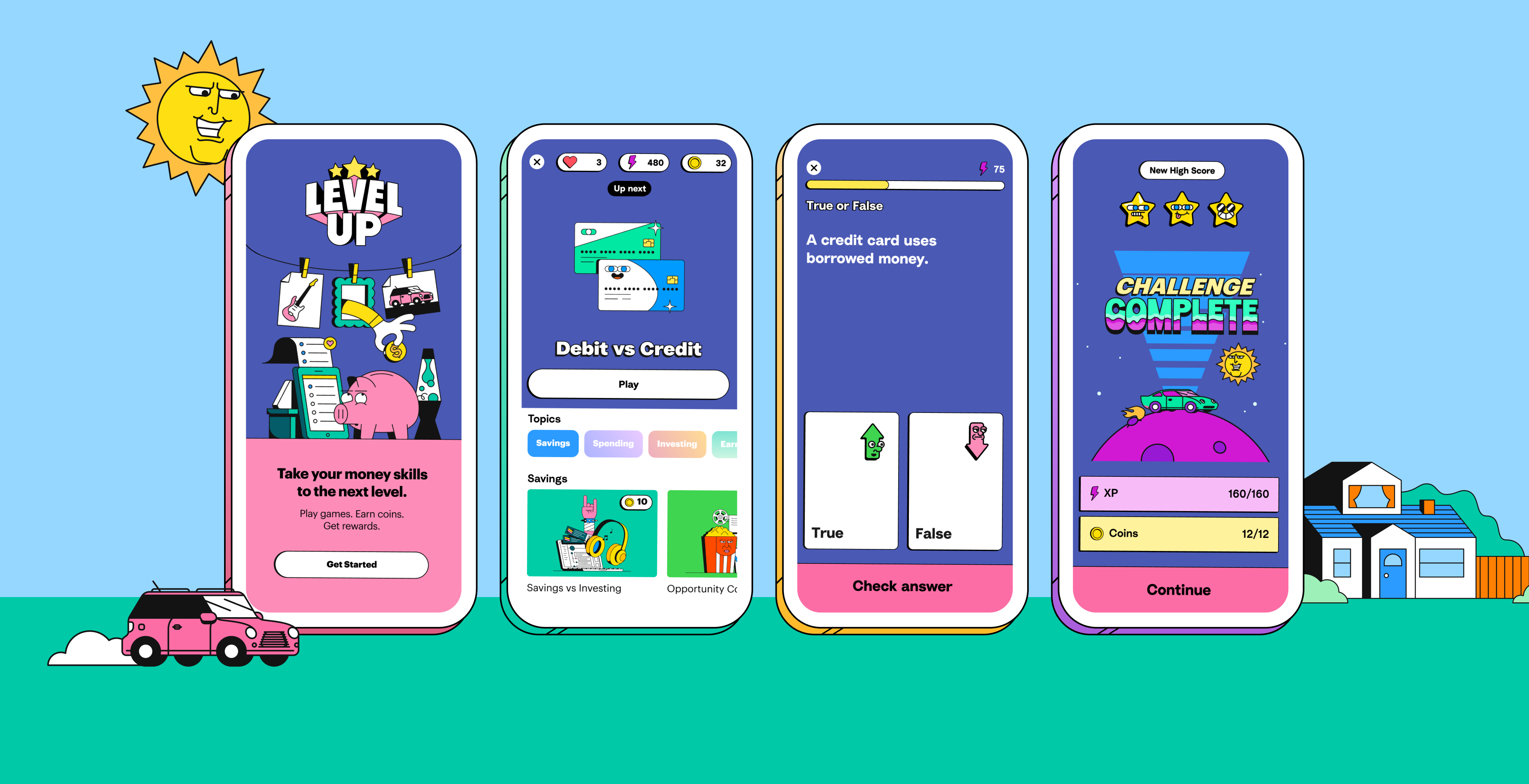 Level Up financial literacy game for kids & teens on four mobile phone screens in the Greenlight app