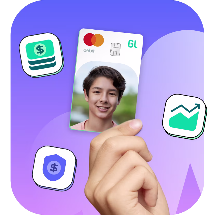 greenlight custom debit card with money and investing icons