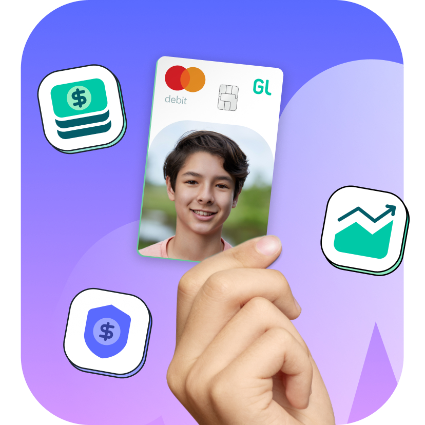greenlight custom debit card with money and investing icons