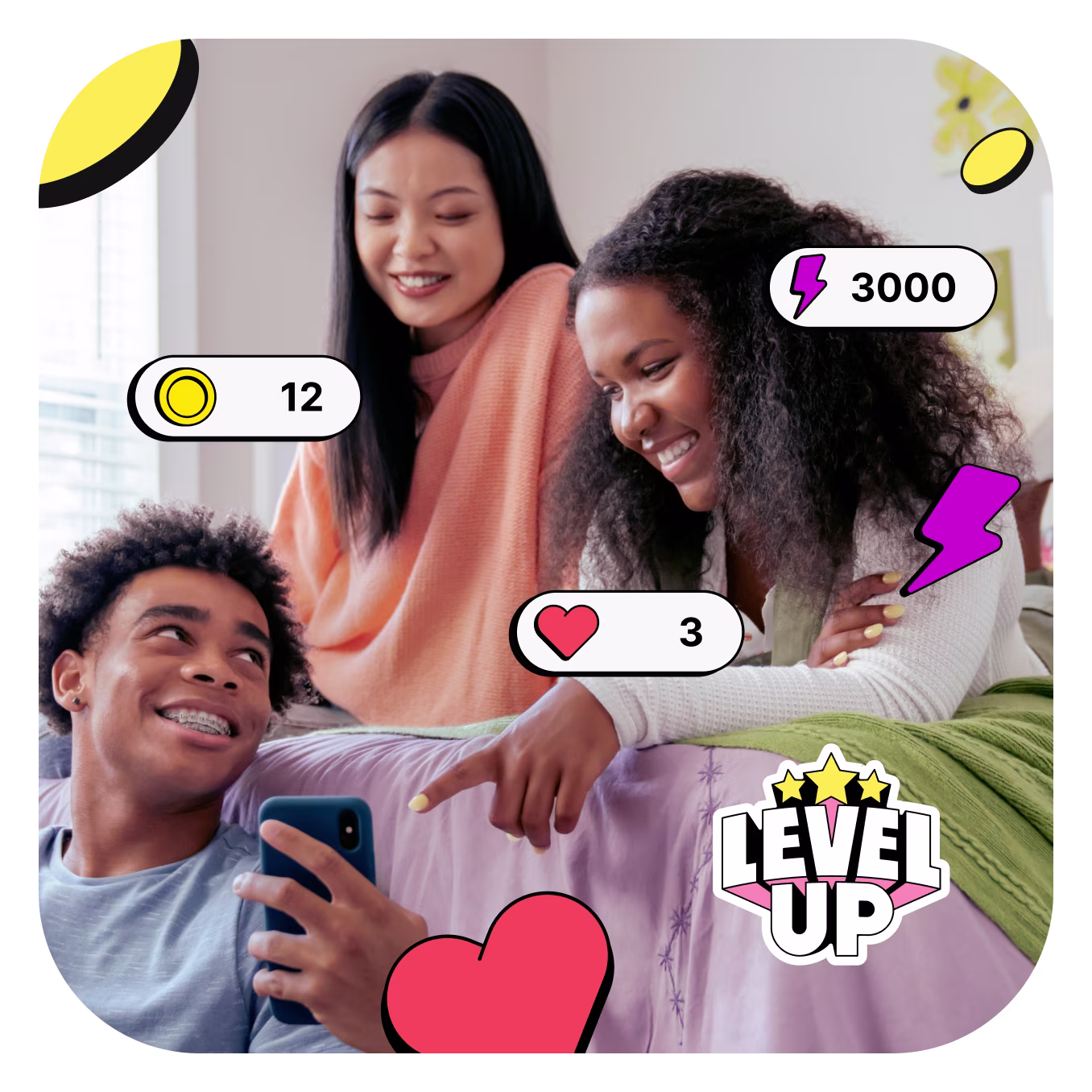 Three teens in bedroom hanging out and playing Greenlight’s financial literacy game Level Up