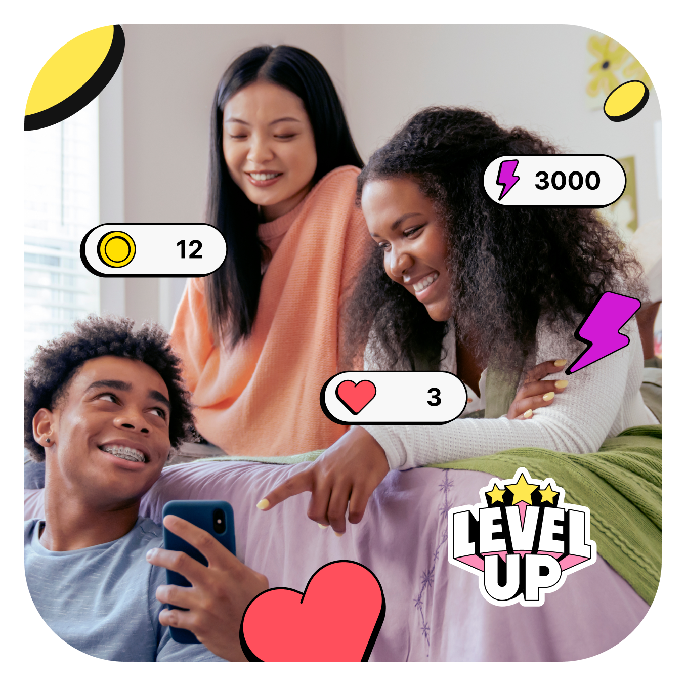 Three teens in bedroom hanging out and playing Greenlight’s financial literacy game Level Up