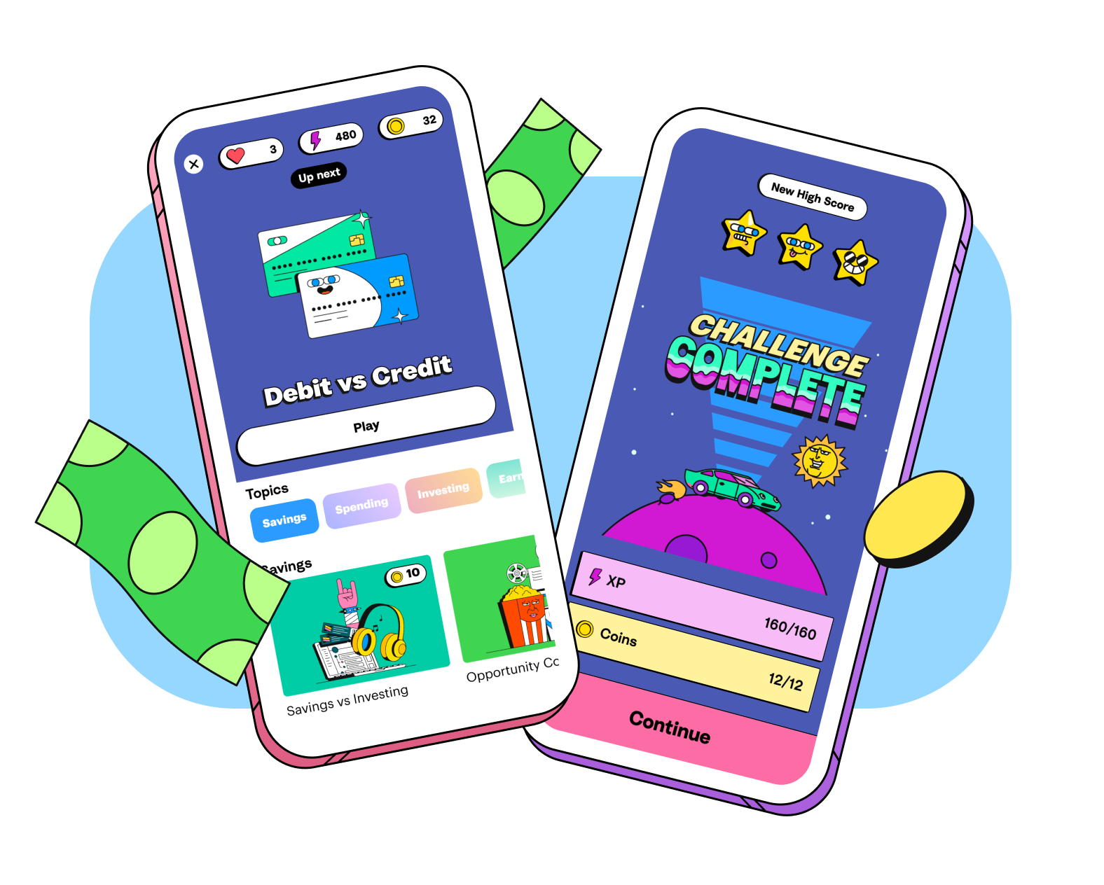 Financial literacy game app on two mobile screens with challenges for kids and teens