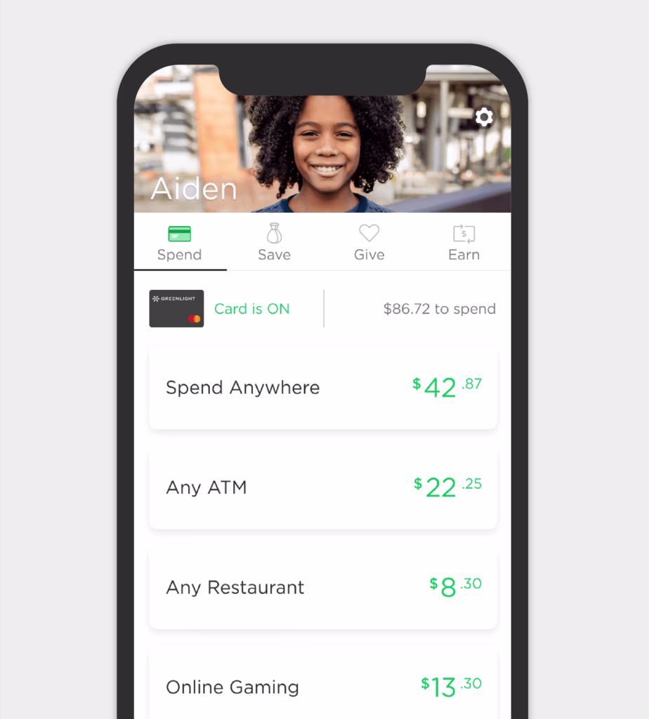 screenshot of Aidan's spend dashboard in the Greenlight app