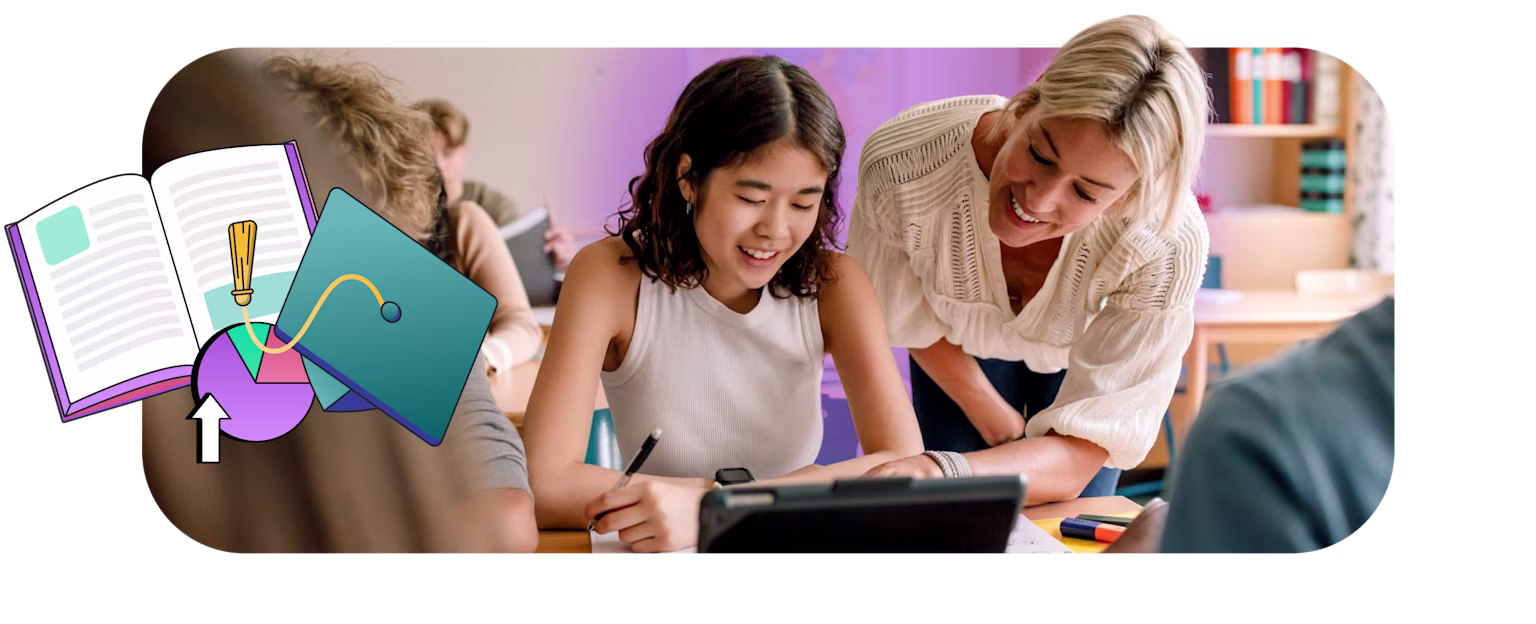 Stylized image of teacher working with student