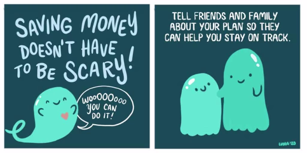 double image panel of blue ghosts saving money