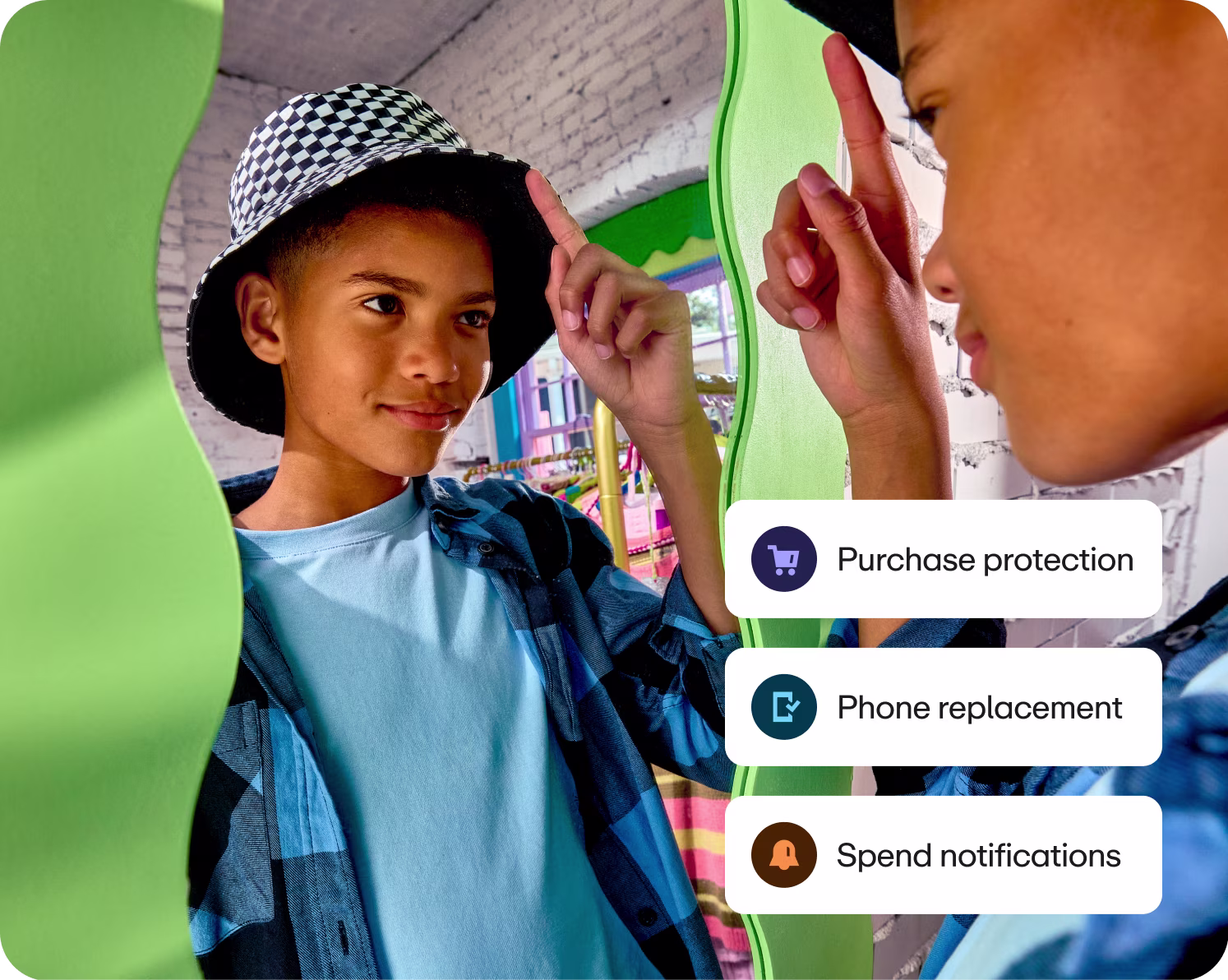Image of young boy saluting to mirror with product perks
