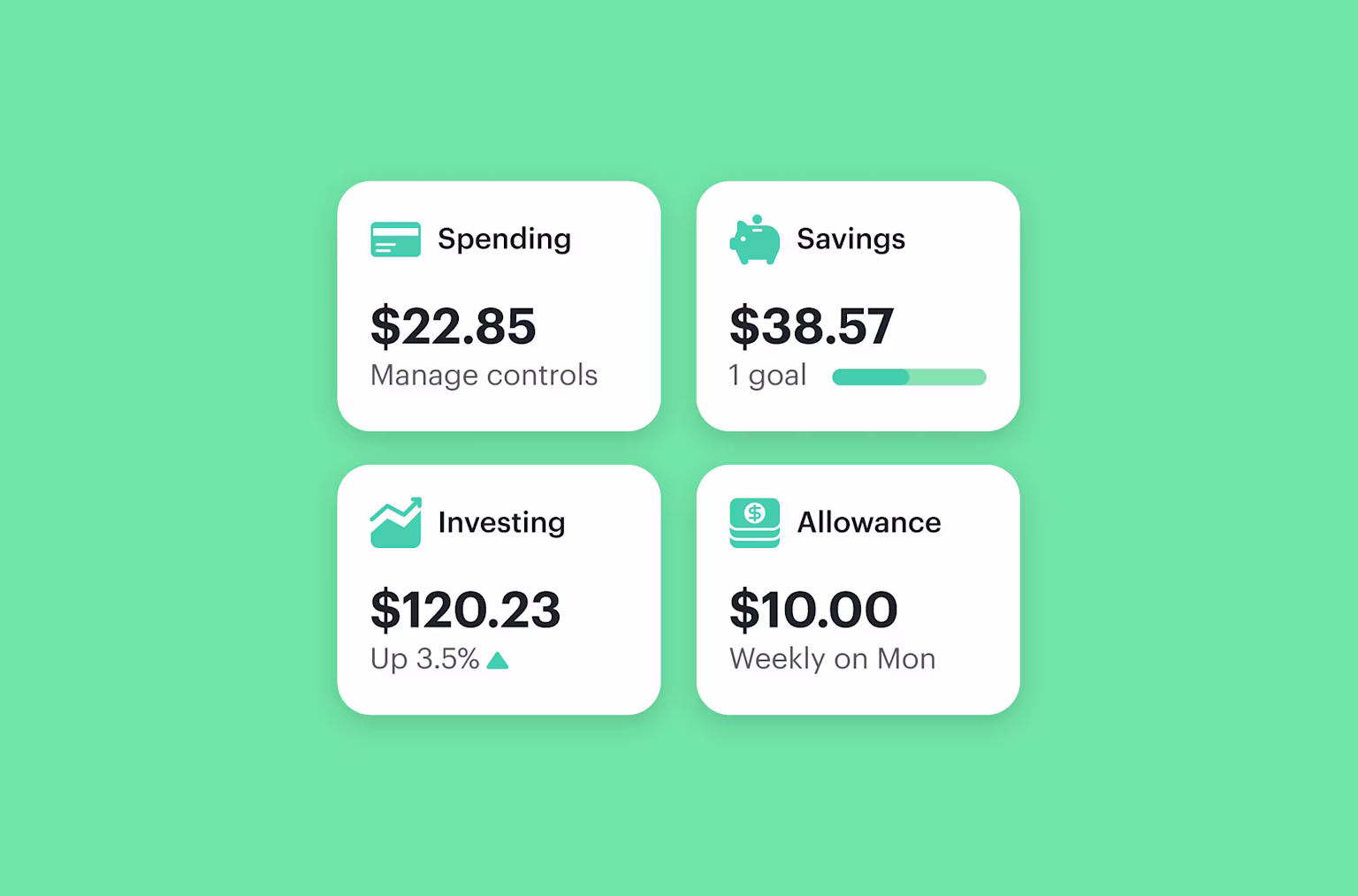 Greenlight kids allowance app includes Spending, Savings, Investing, Allowance with parental controls