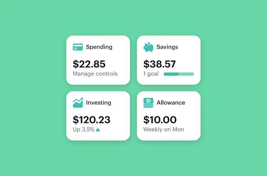 Greenlight kids allowance app includes Spending, Savings, Investing, Allowance with parental controls