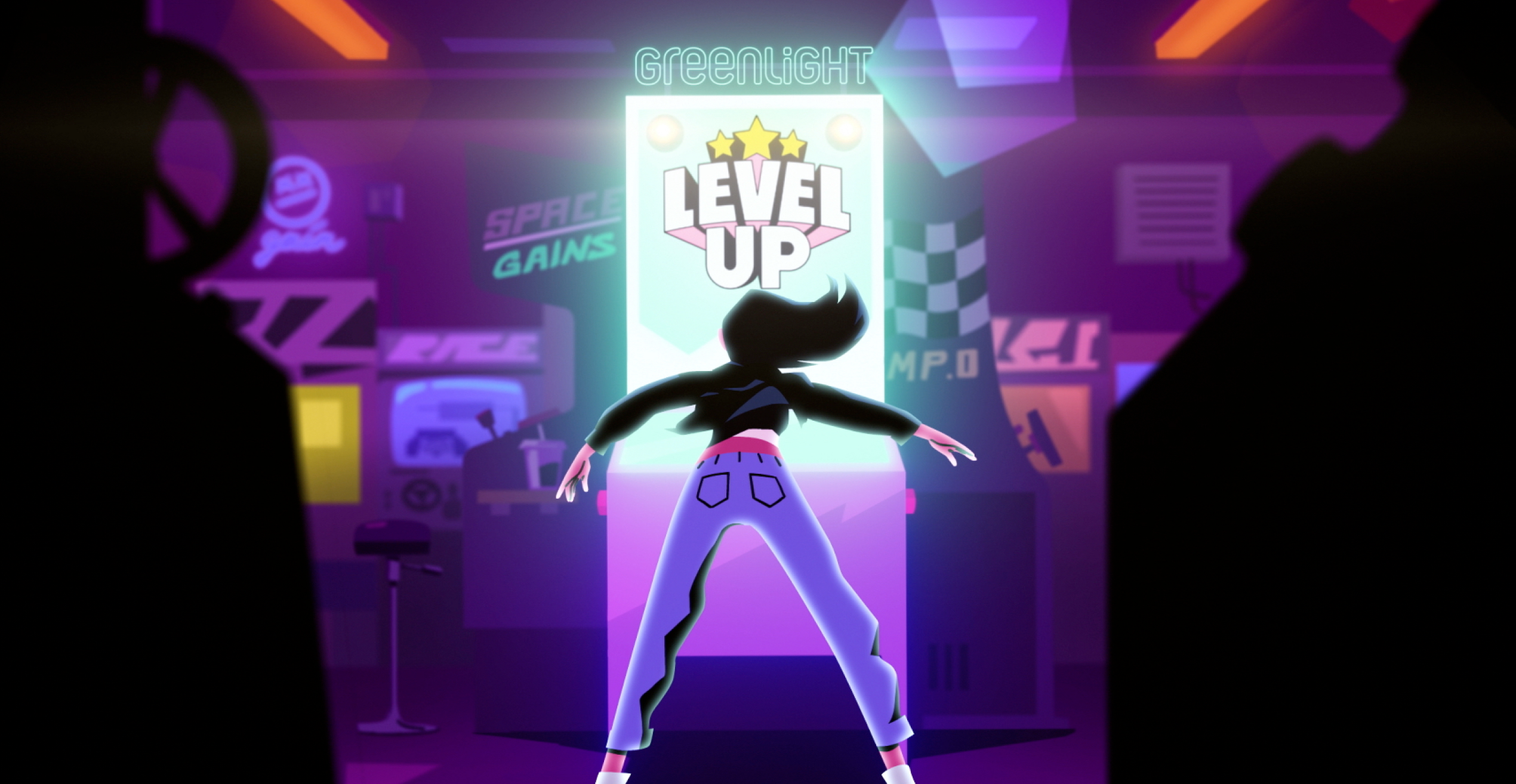 Greenlight Level Up video thumbnail with girl standing at animated arcade game